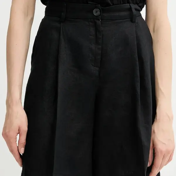 Lněné kraťasy Sisley dámské, černá barva, high waist, 4AGHL901K