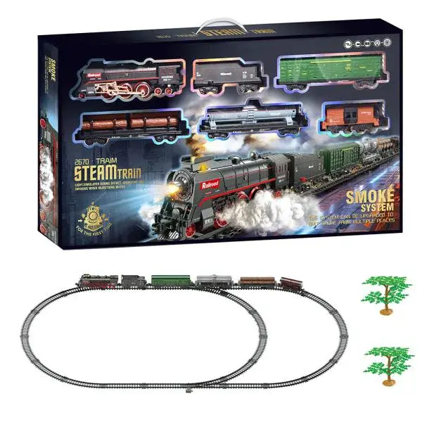 SET Elektrická vláčkodráha - Parní lokomotiva s kouřem, světlem a zvukem na baterie 89 ks