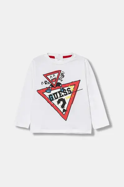 Dětské bavlněné tričko s dlouhým rukávem Guess bílá barva, s potiskem, I5YI00 K8HM4