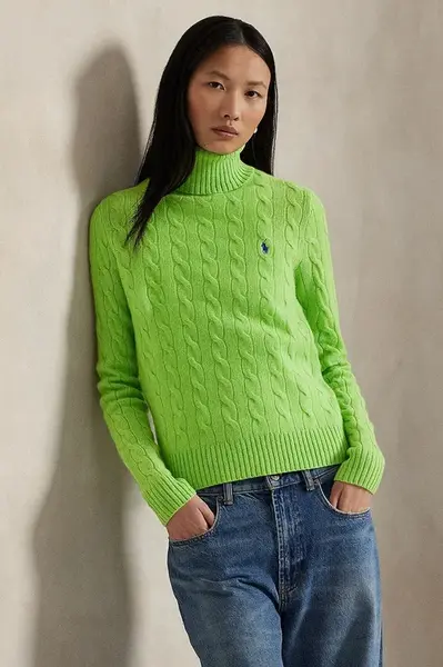 Vlněný svetr Polo Ralph Lauren dámský, béžová barva, s golfem, 211888686