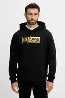 Bavlněná mikina Just Cavalli pánská, černá barva, s kapucí, s potiskem, 79OAIB01 CF802