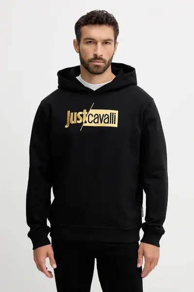 Bavlněná mikina Just Cavalli pánská, černá barva, s kapucí, s potiskem, 79OAIB01 CF802