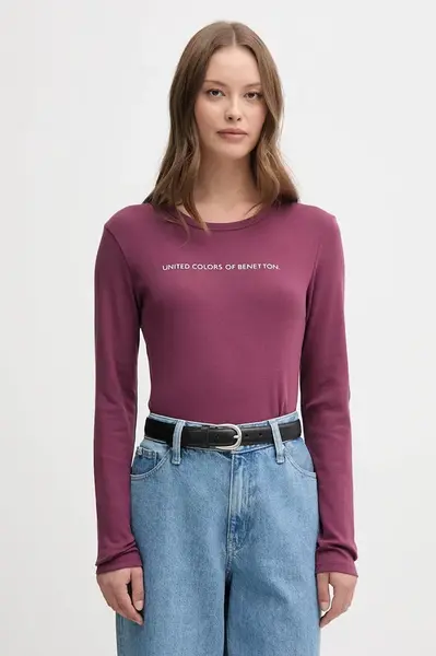 Bavlněné tričko s dlouhým rukávem United Colors of Benetton fialová barva, 3GA2E16G0