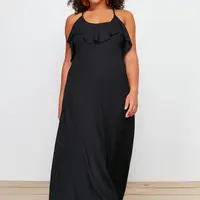 Trendyol Curve Black Maxi Collar Flounce Plus Size Beach Dress