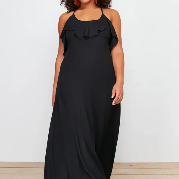 Trendyol Curve Black Maxi Collar Flounce Plus Size Beach Dress