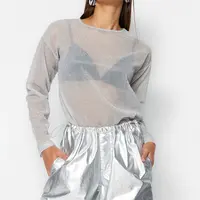 Trendyol Gray Lurex Crew Neck Regular/Normal Fit Transparent Tulle Knitted Blouse