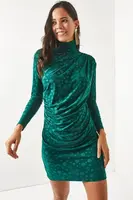 Olalook Dámske Bodka Bodka Smaragdovo Zelená Stojaci golier Detail Mini Sandy šaty