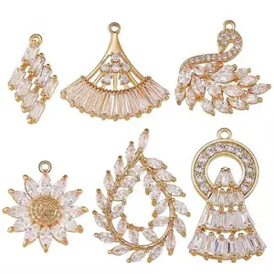 6Pcs 6 Style Brass Micro Pave Clear Cubic Zirconia Pendants