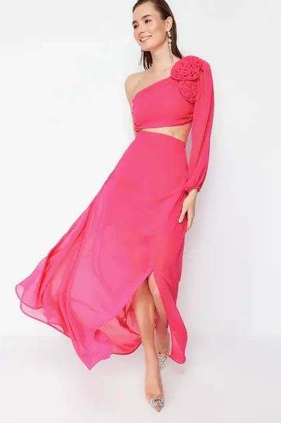 Trendyol Fuchsia A-Line Lined Window/Cut Out Detailed Chiffon Gradient Chic Evening Dress