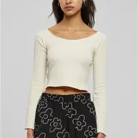 Dámské krátké žebrování s širokým výstřihem do V a dlouhým rukávem bílé pískové