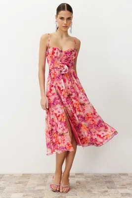 Trendyol Multicolored A-Line Rose Detailed Woven Dress