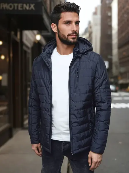 Pánská prošívaná bunda s kapucí, modrá