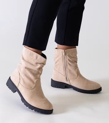 Gemre Beige Ruched Eco-Suede Ankle Boots Hinda