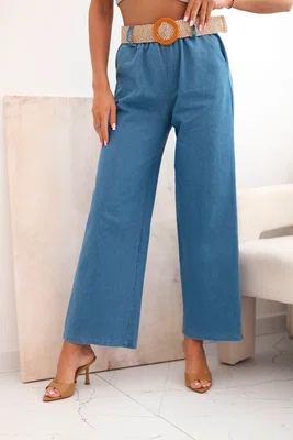 Kesi Włoski Dámské bavlněné kalhoty se širokými nohavicemi a páskem světlý denim