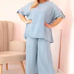 Kesi Włoski Dámská souprava Plus Size z tencelu, halenka s vázáním a široké kalhoty světlý džínový