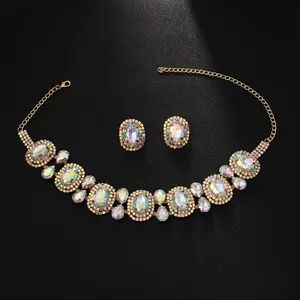 Oval Alloy Glass Pendant Necklaces & Stud Earrings Sets