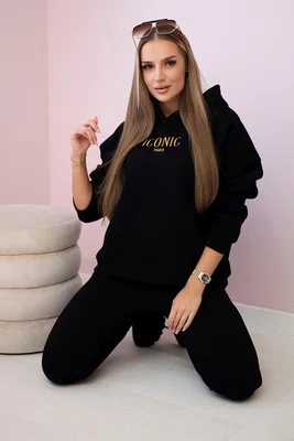 Zateplený bavlněný komplet, mikina s výšivkou + kalhoty černé