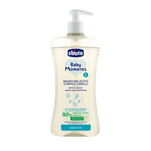 CHICCO Šampon jemný na vlasy a tělo s dávkovačem Baby Moments 92 % přírodních složek 500 ml