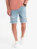 Ombre Men's short denim shorts with rubbing and rolled up leg - light blue