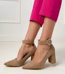 marka niezdefiniowana Brown block heel pumps with buckle and rhinestones Vellus