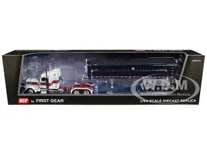 Peterbilt 389 with 48" Mid-Roof Sleeper and MAC Coal End Dump Trailer White with Red and Gold Stripes 1/64 Diecast Model by DCP/First Gear