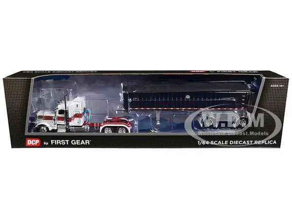 Peterbilt 389 with 48" Mid-Roof Sleeper and MAC Coal End Dump Trailer White with Red and Gold Stripes 1/64 Diecast Model by DCP/First Gear