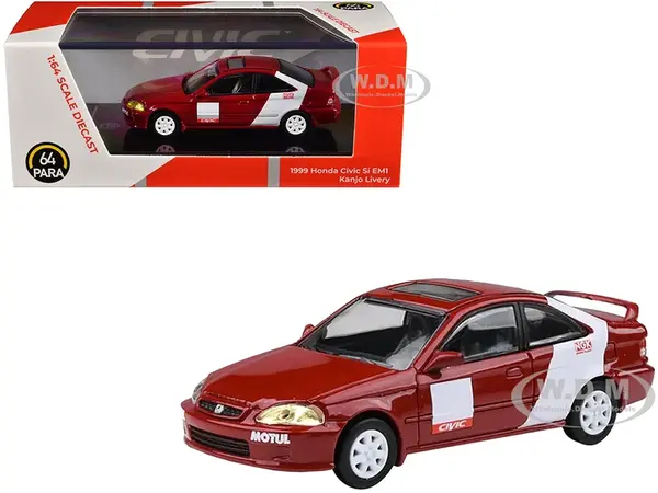 1999 Honda Civic Si EM1 "Kanjo Livery" Red with White Stripes 1/64 Diecast Model Car by Paragon Models