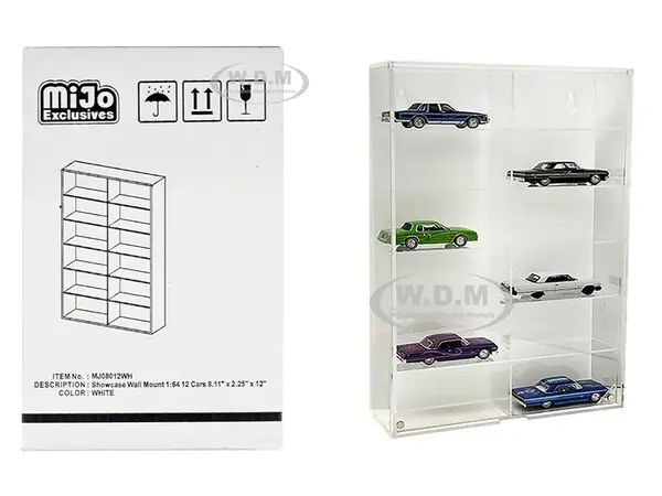Showcase 12 Car Display Case Wall Mount with White Back Panel "Mijo Exclusives" for 1/64 Scale Models