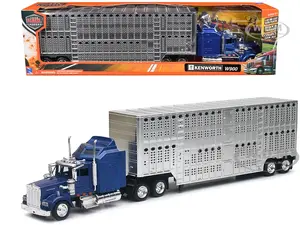 Kenworth W900 Truck Blue with Potbelly Livestock Trailer Chrome "Long Haul Truckers" Series 1/43 Diecast Model by New Ray