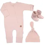 Baby Nellys Rostoucí žebrovaný overálek, čepička a botičky, 3D, Nature - pudrově růžová