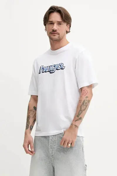 Bavlněné tričko Hugo Blue bílá barva, s potiskem, 50542932