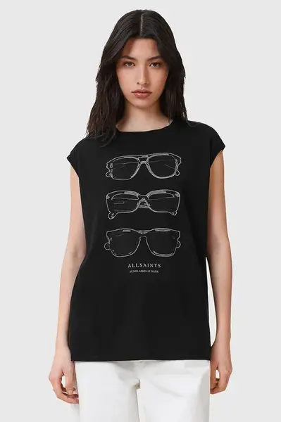Bavlněný top AllSaints SUNNIES dámská, černá barva, s potiskem, W163JC
