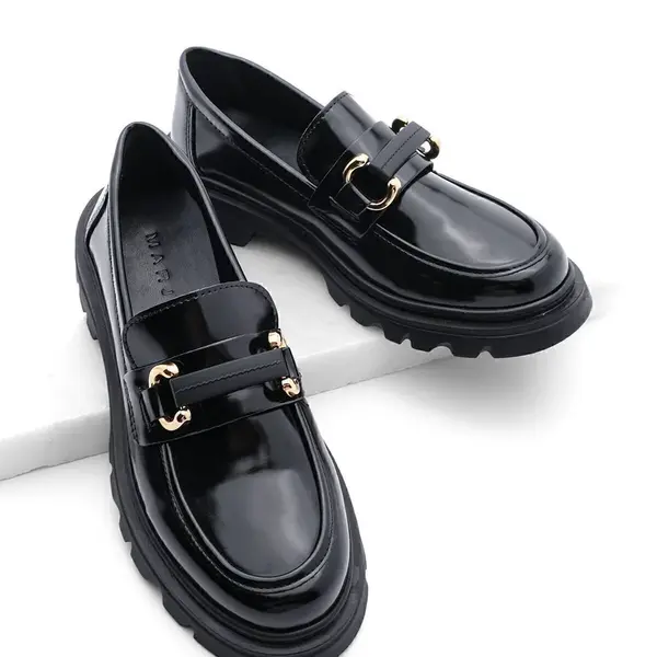 Dámske mokasíny Marjin na vysokom opätku s prackou, neformálne topánky Kinles čierne