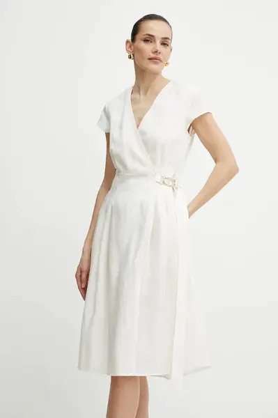 Šaty s příměsí lnu Twinset béžová barva, mini, 251TT2072