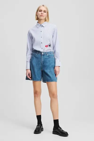 Bavlněné riflové kraťasy Karl Lagerfeld IKON dámské, modrá barva, s potiskem, high waist, A2W10151