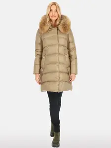 PERSO Woman's Women's long quilted jacket with natural raccoon fur,tobacco color