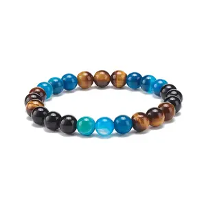 Natural Agate & Tiger Eye & Black Onyx Round Beaded Stretch Bracelet