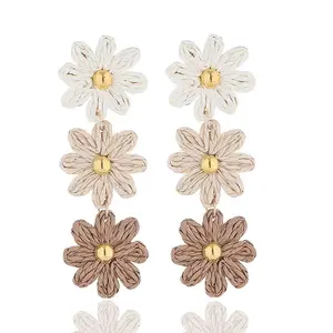 Flower Brass Raffia Dangle Stud Earrings