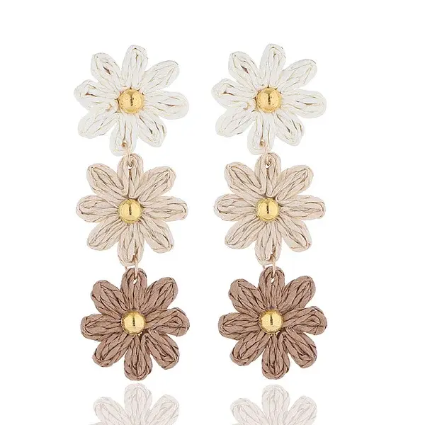 Flower Brass Raffia Dangle Stud Earrings