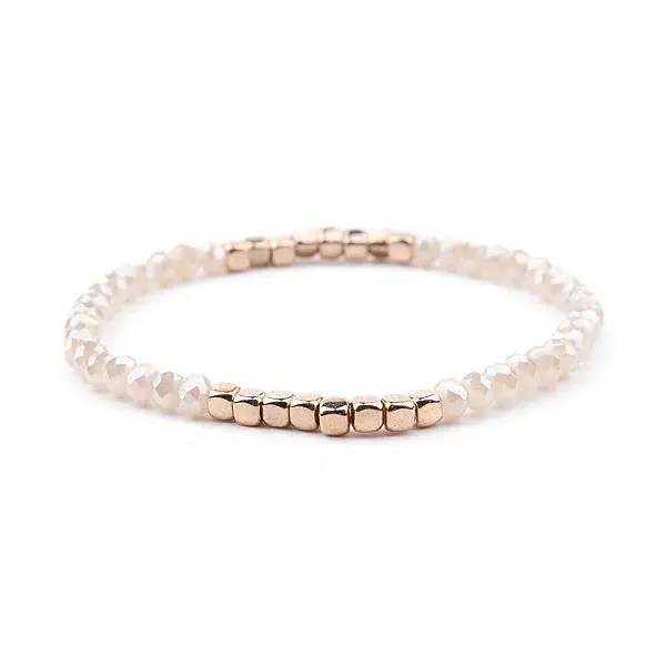 Gold-tone Miyuki Elastic Crystal Beaded Bracelet with Acrylic Tube Beads