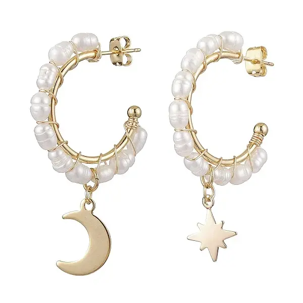 Moon & Star Natural Pearl Dangle Half Hoop Earrings