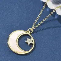 Brass Micro Pave Clear Cubic Zirconia Moon with Star Pendant Necklaces for Women