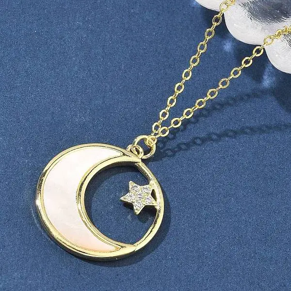 Brass Micro Pave Clear Cubic Zirconia Moon with Star Pendant Necklaces for Women
