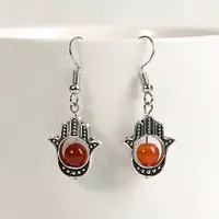 Natural Crystal Stone Hamsa Hand & Round Dangle Earrings