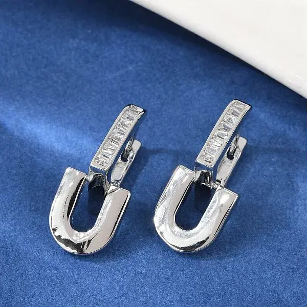 Brass Clear Cubic Zirconia U-Shaped Hoop Earrings