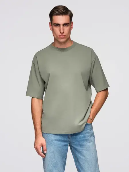 Ombre Men's LOOSE FIT cotton t-shirt with round neckline - khaki