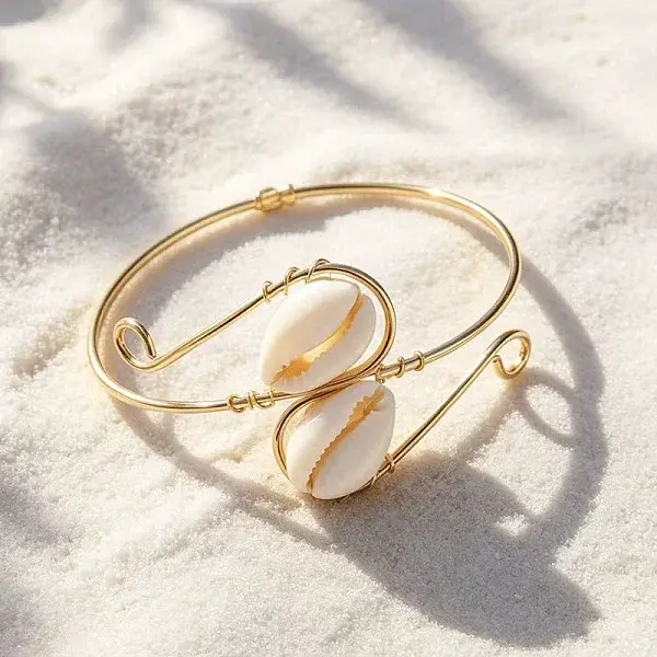 Ocean Alloy & Natural Cowrie Shell Spiral Upper Arm Cuff Bangles