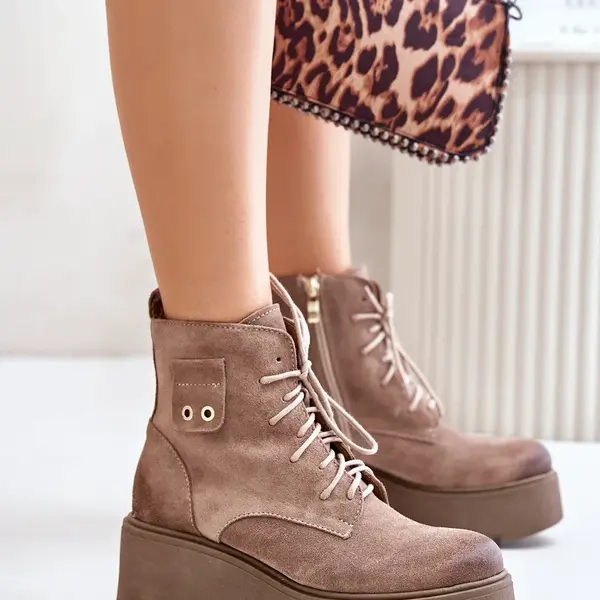 Semišové Dámské Kotníkové Boty Na Platformě A Klínu Zateplené Béžové Zazoo 60499