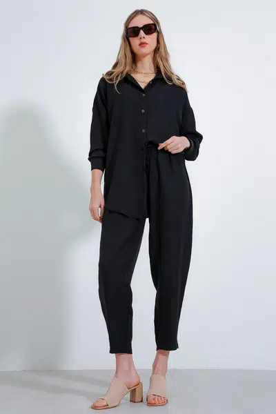 Bigdart Women's Black Oversize Comfortable Linen Bottom and Top Set