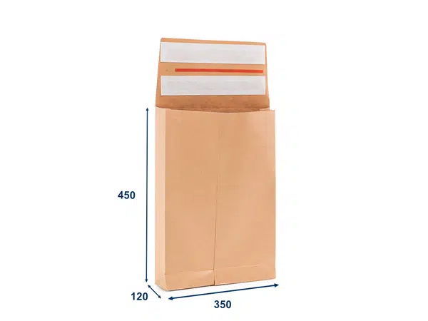200 ks - Obálka papírová s křížovým dnem a bočními sklady (kraft) 350x450, 2 lepící pásky